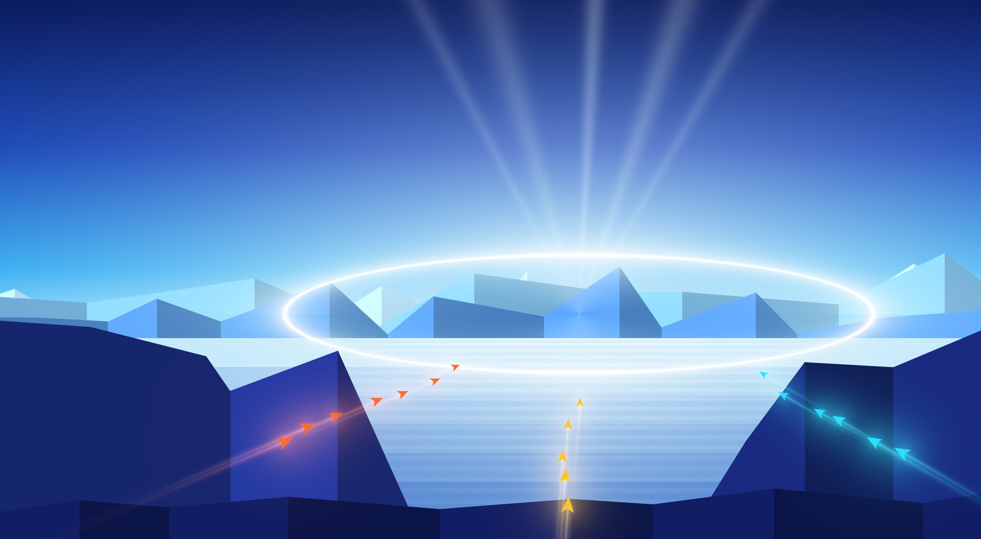 A glowing white ring rests on a frozen plain at night while a convoy of lit vehicles crosses the ice toward it.